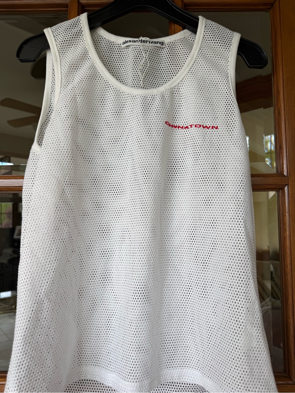 Alexander Wang White Mesh Tank with Red 'CHINATOWN' Accent